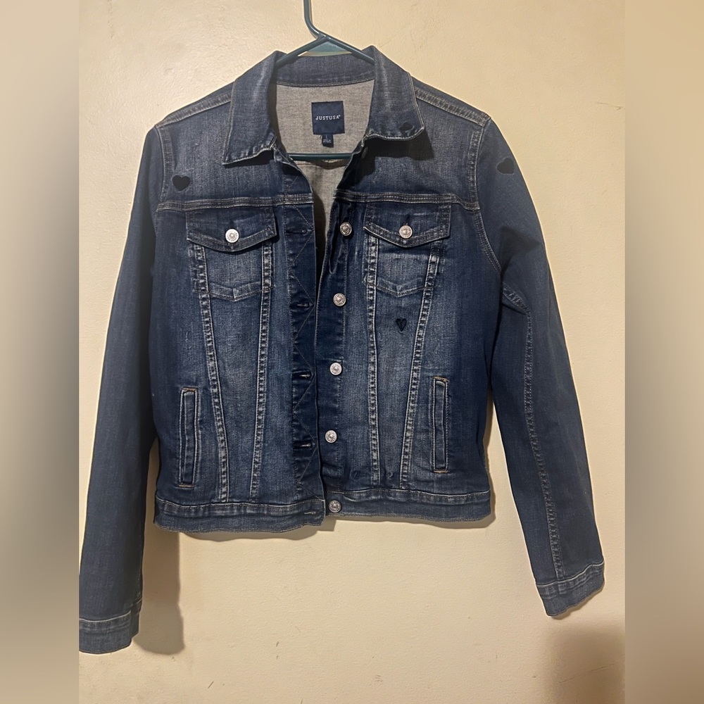 Large stitch fix Just USA denim jacket with heart embroidery
